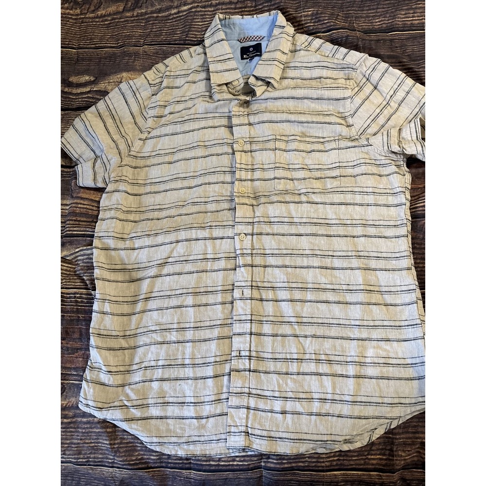 Ben Sherman Mens Shirt Size Large Button Front Striped Short Sleeve Linen Blend - Picture 4 of 9